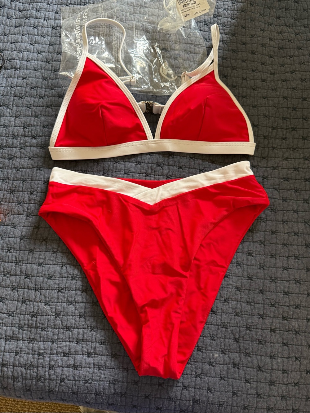 Women's Red Triangle Bikini with White Trim - Classic Two-Piece Swim Set